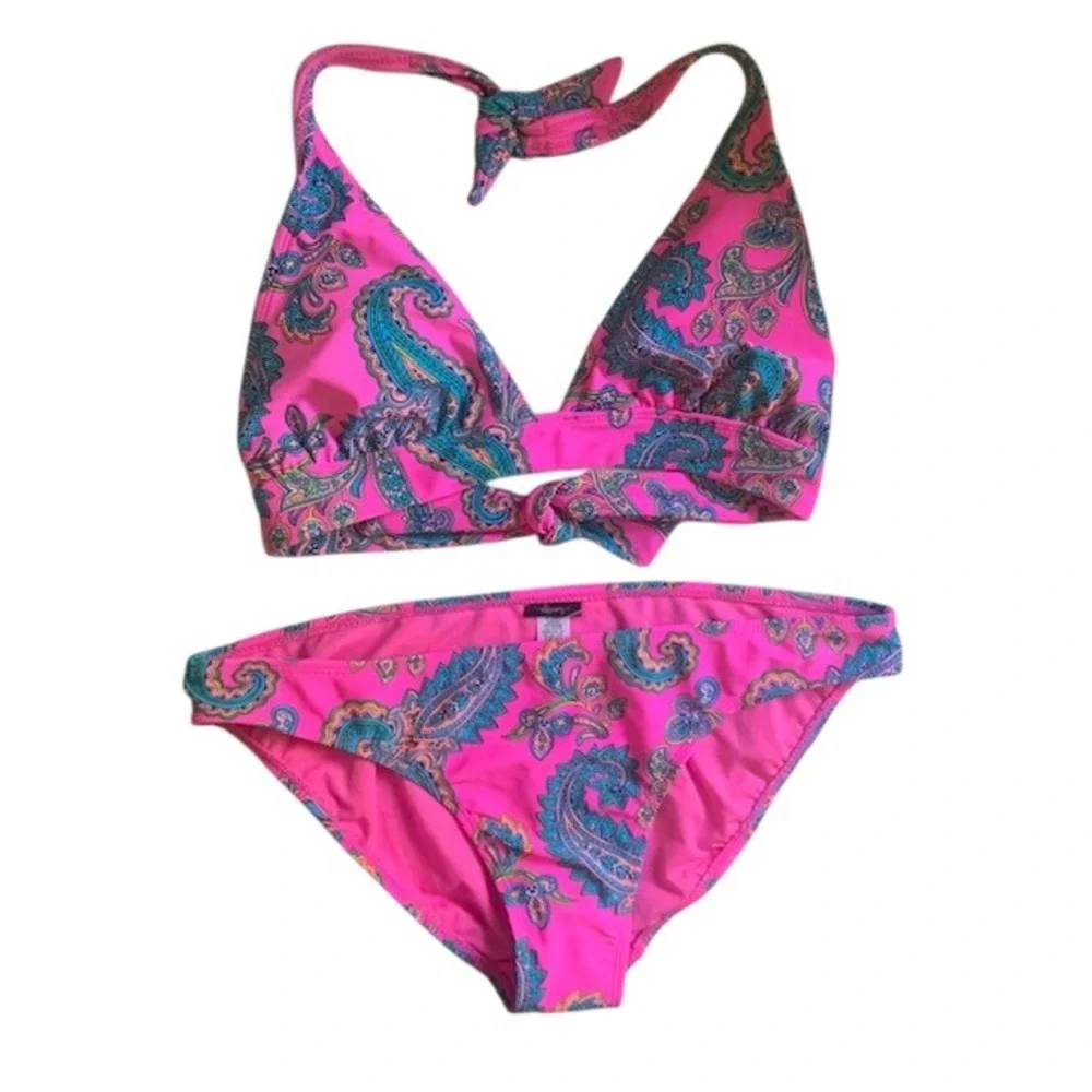 NWT Paisley Bikini Set Halter Tie Two Piece Swimsuit L Resort Preppy Coastal